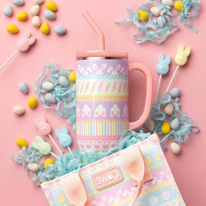 Swig Life 30oz Mega Mug, 30 oz Tumbler with Handle and Straw, Cup Holder Friendly, Dishwasher Safe, Extra Large Insulated Tumbler, Easter Basket Stuffers, Easter Gifts for Women (Bunny Trail)