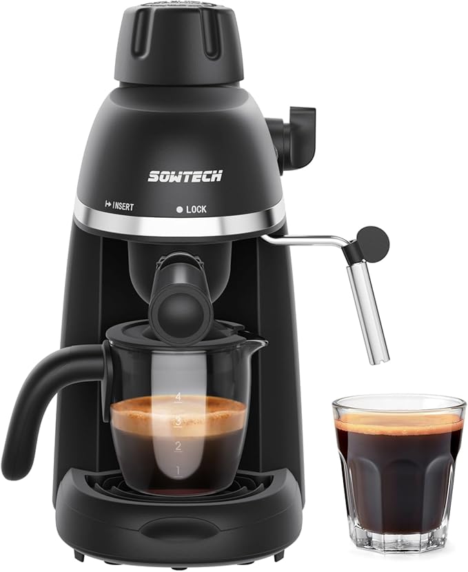 SOWTECH Coffee Machine, 3.5 Bar Espresso Cappuccino Machine with Milk Frother, 1-4 Cup Portable Coffee Maker for Latte, Cappuccino, 800W, Black