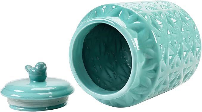 MyGift Vintage Turquoise Ceramic Kitchen Jar with Lid, Cookie Jar Storage Containers Airtight with Embossed Star and Bird Design