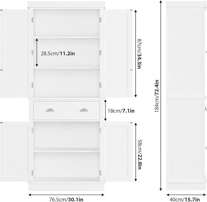 FOTOSOK 72 Kitchen Pantry Storage Cabinets with Drawer, Freestanding Cupboard with 4 Doors, Drawer, 4 Shelves, Utility Pantry Cabinet for Kitchen, Dining Room, Living Room, White HPB-209