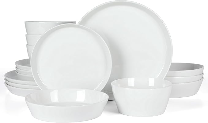 Martha Stewart Selma Chip & Scratch Resistant Dinnerware Set – White Plates and Bowls, Durable Dishwasher and Microwave Safe Dishes Set for Everyday Use