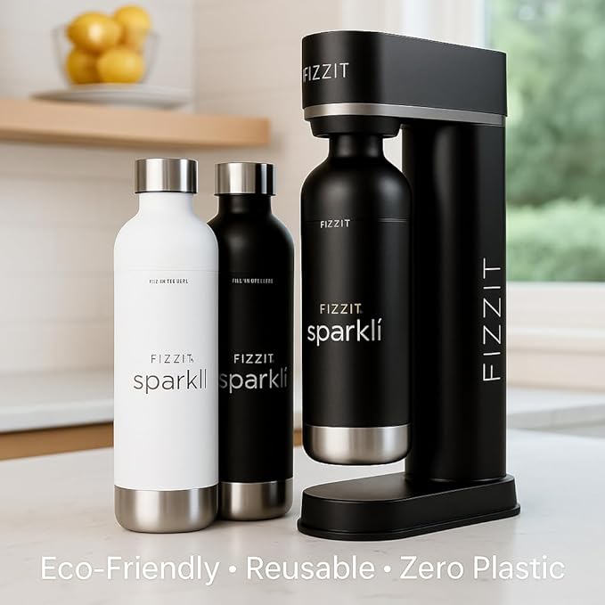 Fizzit Sparklí Stainless Steel Sparkling Water Maker with 3 Reusable Stainless Steel Water Bottles – Soda Streaming Machine Carbonated Seltzer Fizzy Water Maker for Home Kitchen, Dishwasher Safe
