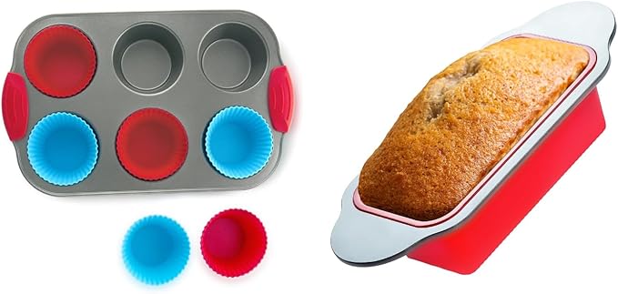 Boxiki Kitchen Baking Non-Stick Steel Jumbo 6 Cup Muffin Pan with Silicone Handles & Reusable Liners and 9x5 Inch Silicone Bread Loaf Pan - Ultimate Set for Muffins, Bread, Cakes, and More.