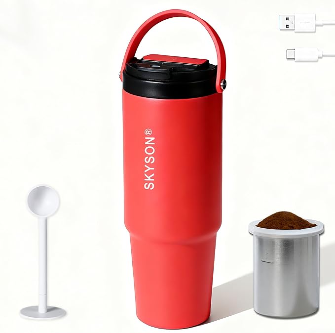 minkah Fast Extraction Mini Electric Coffee Maker - Portable Filter Coffee Brewer for Travel,Insulated Stainless Steel Tumbler,30 oz Reusable Iced Coffee Cup Machine,Hot Coffee Mug with Lid(Red)