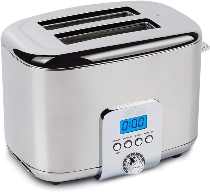 All-Clad Electrics Stainless Steel Toaster 2 -lice LED display, Removable crumb try, 6-Browing levels, Wide and self-centering slots, Waffles, Bagels, Bread, 12.91"D x 5.29"W x 8.98"H, Silver