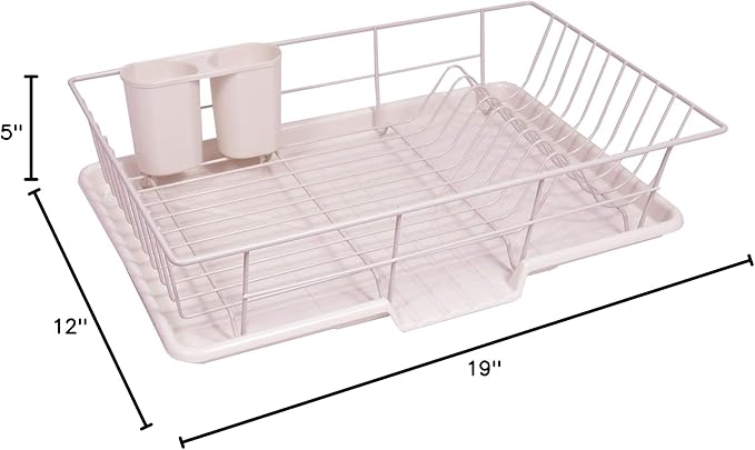 Sweet Home Collection 3 Piece Dish Drainer Rack Set with Drying Board and Utensil Holder, 12" x 19" x 5", Pale Pink