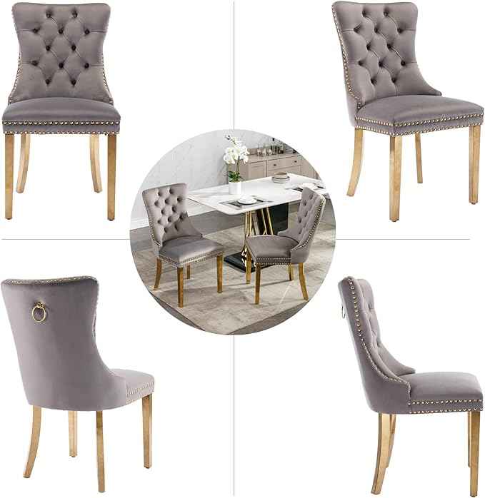 Grey Velvet Dining Chairs Set of 6, Upholstered Dining Room Chairs with Back Ring Pull Trim and Golden Stainless Steel Legs,Modern Kitchen Chairs for Dining Room,Living Room,Kitchen(Grey)