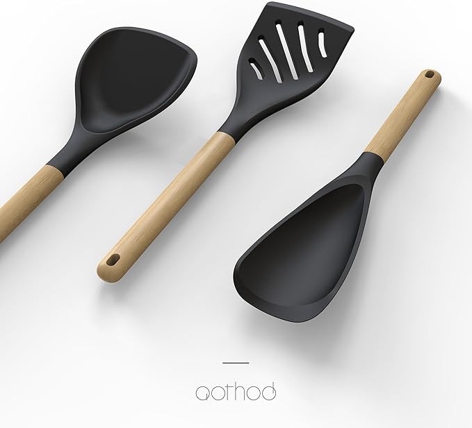 Silicone Cooking Utensils Set, 446°F Heat Resistant Silicone Kitchen Utensils for Nonstick Cookware, Kitchen Gadgets Spatula Set, Spoon, Turner, Tongs, Ladle, Whisk, BPA FREE (Black)