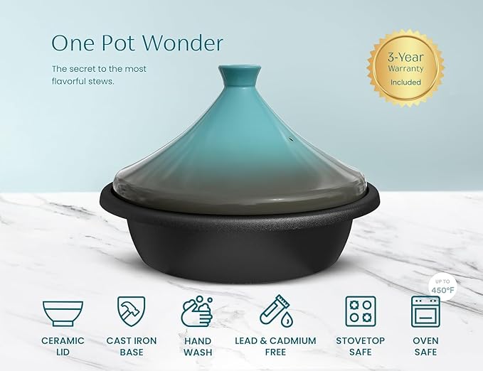 KooK Moroccan Tagine, Enameled Cast Iron Cooking Pot, Tajine with Ceramic Cone-Shaped Closed Lid, 3.3 QT, (Stone Blue)