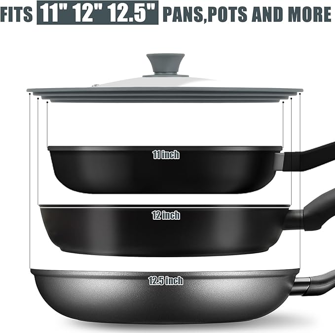 Universal Lid for Pots, Pans, and Skillets - Silicone Replacement Pan Lid Fits 11", 12", 12.5" Cookware - Tempered Glass Pot Lid Cover for Frying Pans, Cast Iron, CrockPot