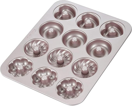 CHEFMADE Donut Mold Cake Pan, 12-Cavity Non-Stick Pattern Doughnut Bakeware for Oven Baking (Champagne Gold)