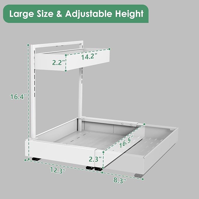 REALINN Under Sink Organizer Pull Out, L-Shaped 2 Tier Cabinet Organizer with Adjustable Width & 6-Level Height, Metal Under Sink Storage for Kitchen Sink, Bathroom Vanity, Laundry Cabinet, White
