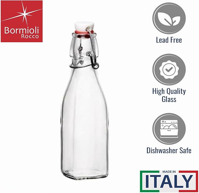 Bormioli Rocco Swing Top Glass Bottle (Set of 2) - 8.5 oz Kitchen Containers with Airtight Seal, Ideal for Homemade Dressings, Syrups, Infused Oils, Small-Batch Beverages - Glassware for Kitchen