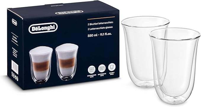 De'Longhi Stainless Steel Milk Frothing Pitcher, 12 ounce (350 ml), 12 oz & DeLonghi Double Walled Thermo Latte Glasses, Set of 2, 2 Count (Pack of 1), Clear