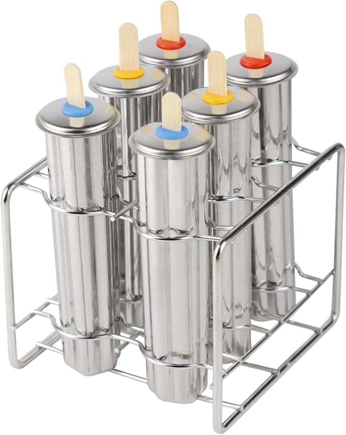 Stainless Steel Popsicle Molds, Set of 6 Ice Cream Maker, Ice Pop Molds With Holder, Metal Reusable Homemade Popsicle Molds with Sticks and Bags (Flower Cup)