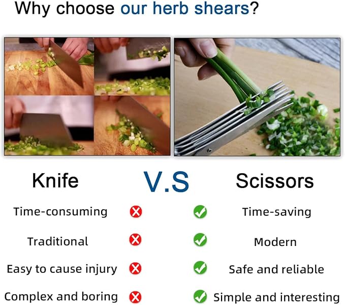 5 Blade Herb Scissors Kitchen Herbs Shears Cutter Set Multipurpose Cutting Shear with 5 Stainless Steel Blades & Safety Cover & Cleaning Comb Salad Sizzors Cilantro Chive Parsley Scissors (Blue Black)