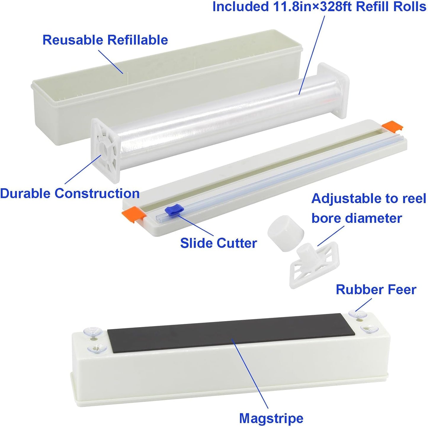 Plastic Wrap Dispenser with Cutter, Refillable Cling Film Dispenser with 12 inch328Ft Cling Film