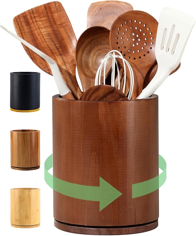 Wooden Utensil Holder, 360°Rotating 7.3'' Large Utensil Holder for Kitchen Counter, Kitchen Utensil Organizer, Utensil Crock, Farmhouse Kitchens Countertop Decor, Walnut-finish