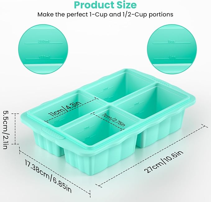Silicone Freezer Tray With Lid, Silicone Freezing molds, Ice Cube Tray For Food, Release Soup Freezer Molds for freezing food, Soup, and Leftovers-Makes 4 Perfect 1 Cup- 3 Pack.