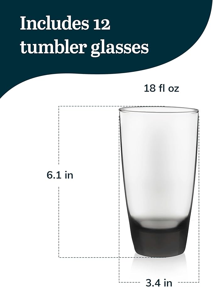 Libbey Classic Smoke Tumbler Glasses, Classy, Timeless Drinkware Set of 12, 18 Oz, Dishwasher Safe Drinking Cooler Glasses for Special Occasions