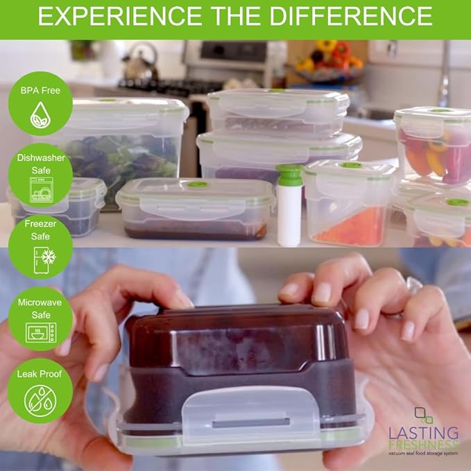 Lasting Freshness BPA-Free Plastic Vacuum Seal Containers with Hand Pump – Airtight Food Storage, Meal Prep & Pantry Organization, Preserves Freshness 5X Longer, 11-Piece Set
