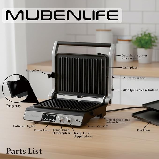 Panini Press,4 Slices Contact Grill with Removable Non-Stick Coated Grill and Flat Plates,Panini Makers with Temperature Control and Timer,Open 180 Degrees,Grill and Griddle (Half black with digital)