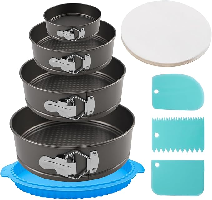 4, 7, 9, 10 Inches Springform Cake Pan Set, Spring Form Pans for Cheesecake, Nonstick Round Baking Pan Set with Silicone Protector, Parchment Paper, Icing Scrapers