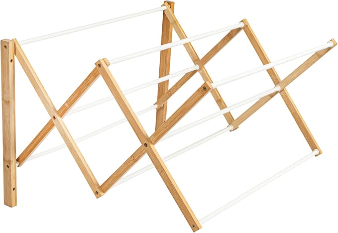 Household Essentials Bamboo and Metal Wall Mount Extendable Drying Rack, Compact Upscale Laundry Rack with 8 Dowels, White