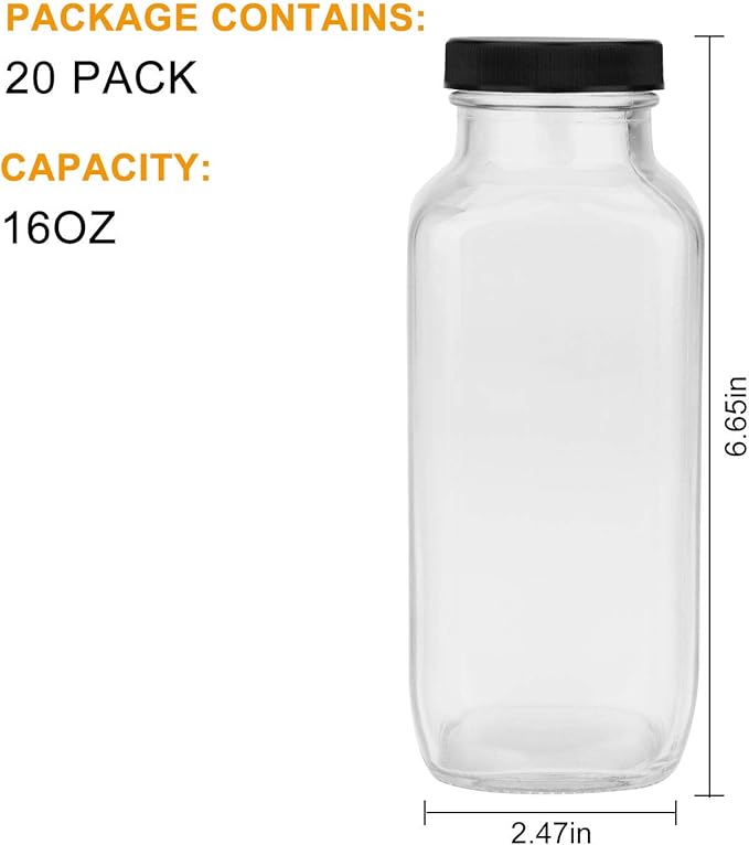 Encheng Vintage Water Bottles,Glass Drinking Bottles 16oz,Square Beverage 500ml With Lids For Kombucha,Tea,Glass Homemade Drinks,Travel Reusable Milk Juiceing 20Pack