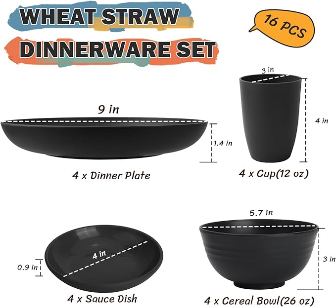 Wheat Straw Dinnerware Sets 16 PCS, Unbreakable Kids Plates and Bowls for 4-9 IN Plates, 26 OZ Cereal Bowls, 2 OZ Dipping Bowl, 12 OZ Cups, Dishwasher & Microwave Safe Plate Set - Black