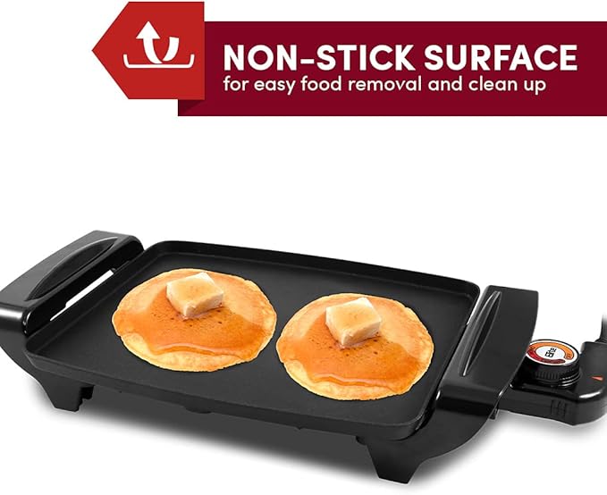Elite Gourmet EGR-2722B Electric 10.5" x 8.5" Griddle, Cool-touch Handles Non-Stick Surface, Removable/Adjustable Thermostat, Skid Free-Rubber Feet, Black