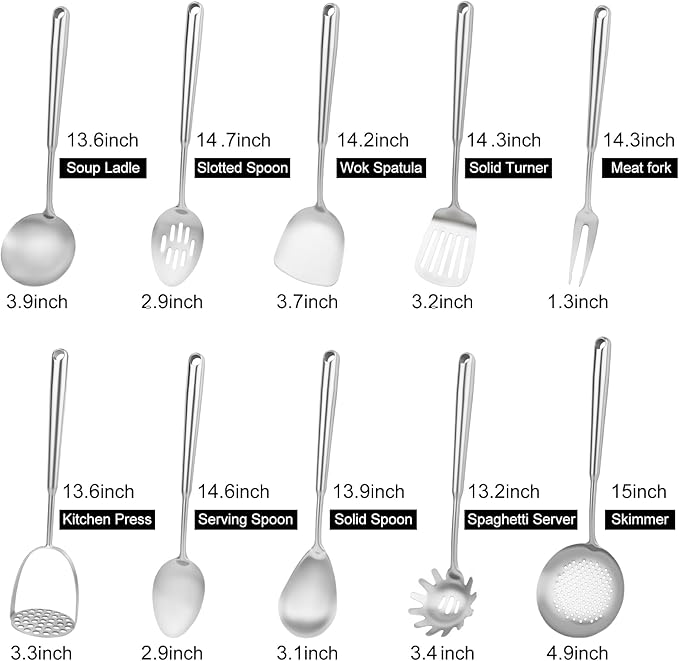 18/10 Stainless Steel Cooking Utensils Set, 10PCS Metal Kitchen Utensils Set for Wok,Kitchen Tools Set Come with Spoon, Fork, Spatula, Ladle, Skimmer, Turner, Pasta Server