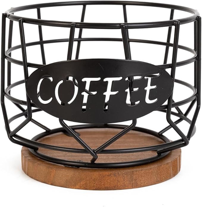 Coffee Pods Holder for Countertop, K Cup Holder Organizer, Sturdy Kcup Storage Basket with Wooden Base,Pod Capsule Container for Kitchen Bar Counter Office Desktop