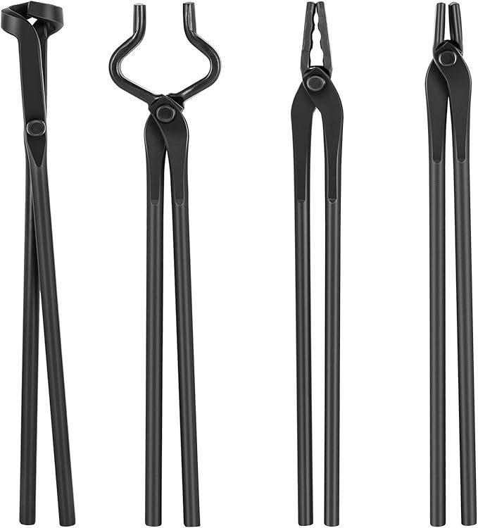 Blacksmith Tongs Knife Making Tongs Set V-Bit Blade Tongs, Flat Tongs, Blade Tongs, Wolf Jaw Tongs, Assembled Blacksmithing Bladesmith Steel Forge Tongs (4PCS)