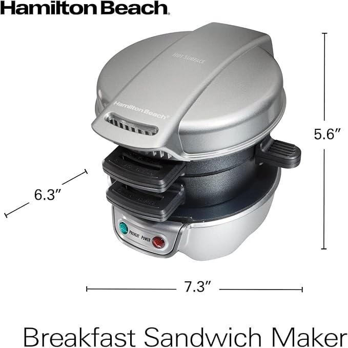 Hamilton Beach Breakfast Sandwich Maker with Egg Cooker Ring,Customize Ingredients,Perfect for English Muffins,Croissants,Mini Waffles,Perfect White Elephant Gifts,Silver (25475),(Pack of 4)