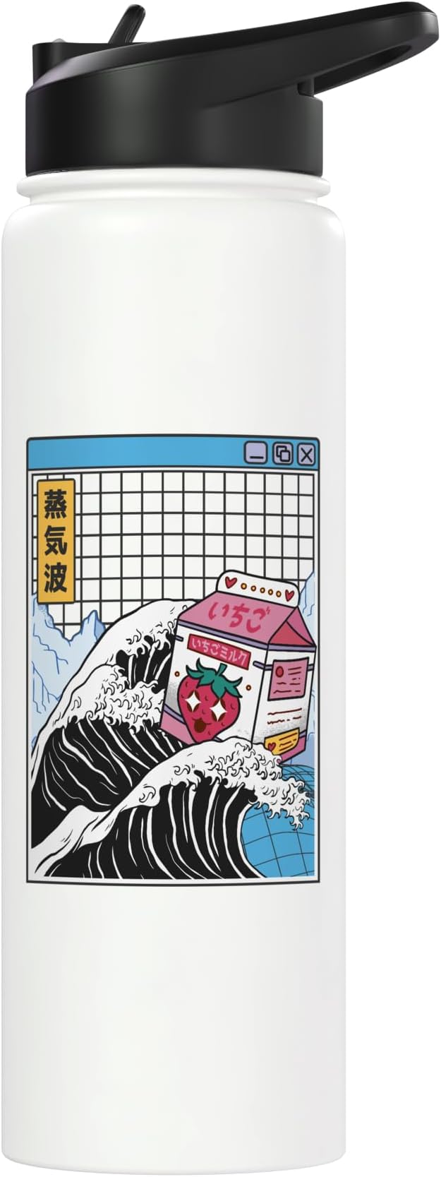 Strawberry Milk Carton Great Wave Kawaii Vaporwave Anime Stainless Steel Insulated Water Bottle