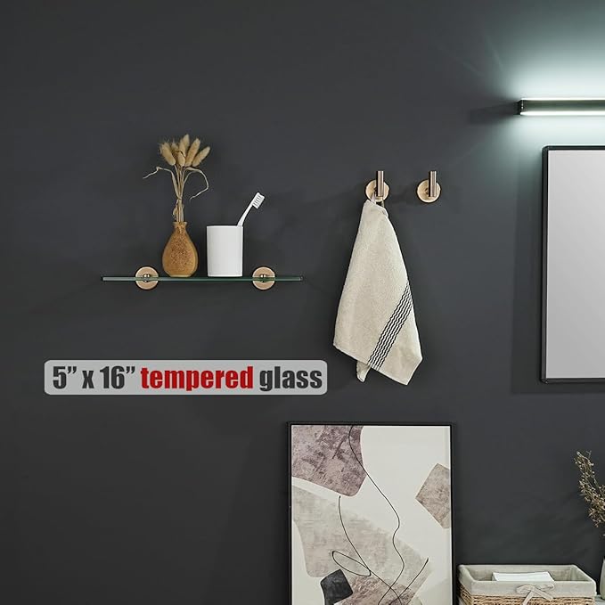 JQK Bathroom Glass Shelf, Floating Tempered Glass Shower Storage 16 by 5 inches, 304 Stainless Steel Champagne Bronze Wall Mount, TGS101L16-CB