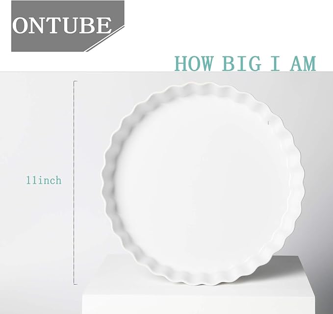 ONTUBE Pie Pans 11 Inches Ceramic Quiche Pans, Round Pie Tins for Baking,Oven Saf (White, 11" x 1 Pieces)