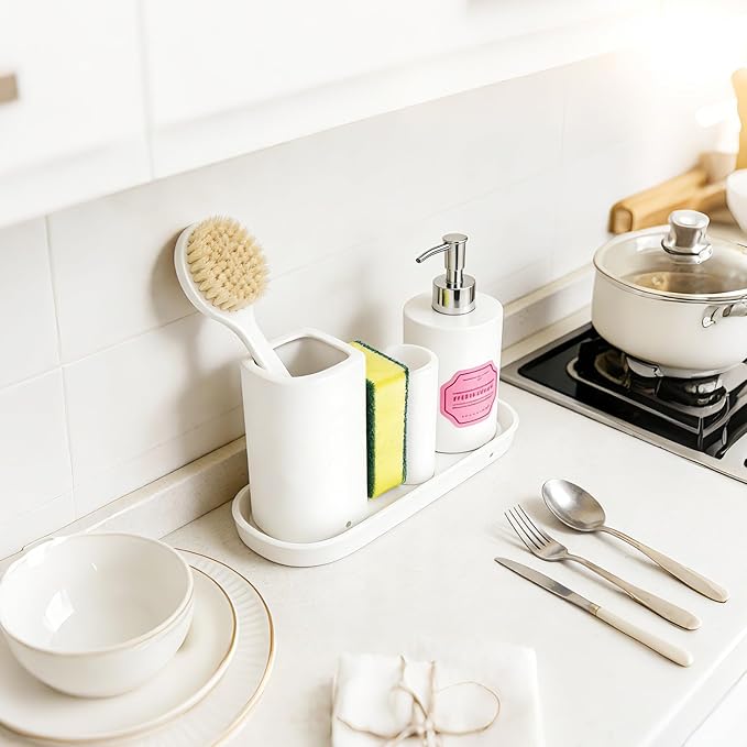 Ceramic Kitchen Sink Organizer Sponge Holder and Dish Brush Holder and Soap Tray for Kitchen Sink Organizer, White