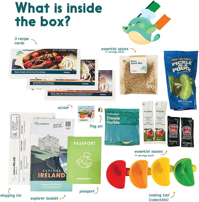 eat2explore Cooking Kits for Kids 16 Pcs – Interactive & Educational Kids Cooking Sets Real for Ages 5 and Up,3 Recipe Cards & Global Ingredients – Perfect for Families and Homeschooling (Ireland)