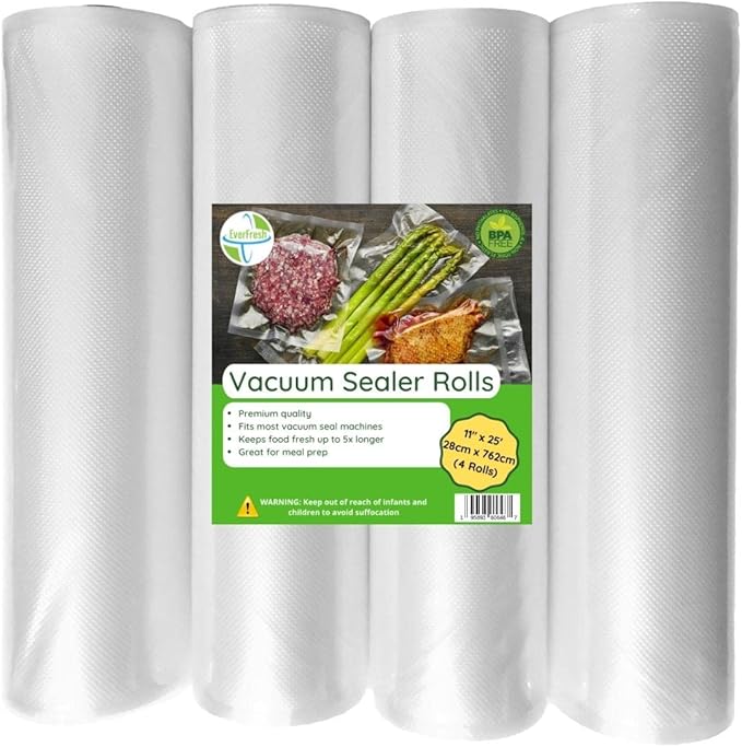 EverFresh 11" x 25' Vacuum Sealer Rolls, 4 Pack | 15% THICKER Embossing | Compatible with FoodSaver Machines, BPA Free, Commercial Grade Food Sealer Bags