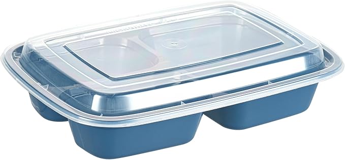 Asporto 26 Ounce Compartment Take Out Boxes, 100 Microwavable Meal Prep Containers - 3 Compartments, With Clear Plastic Lids, Midnight Blue Plastic Food Containers, Do Not Contain BPA - Restaurantware