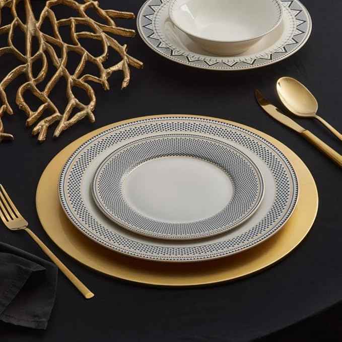Karaca Globe 24-Piece Dinnerware Set for 6 People - Kitchen Dish Set for Salad, Soup, Pasta, Noodle & More - Modern Chic Porcelain Dishware Plate Set (White with Black Triangle Design)