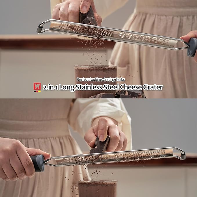 2-in-1 Stainless SteelLong Cheese Grater Dual-Sided Fine & Coarse Blades Precision Zester for Lemon, Ginger, Cheese, Vegetables, Rust-Resistant, Ergonomic Handle (15.35" x 1.77")