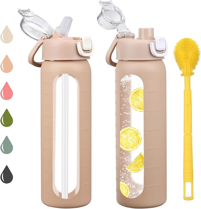 chunmo 24 oz Glass Water Bottles with 2 Lids-Handle Spout Lid & Straw Lid, Motivational Water Bottle with Time Marker and Silicone Sleeve,Leakproof-Amber-1 Pack