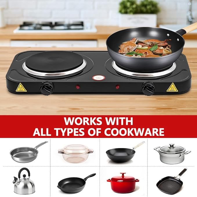 Electric Countertop Burner, Double Burner, 2000W Induction Cooktop, Portable Electric Hot Plate, 5 Level Adjustable Temperature Control Cooking Ranges for Home Dorm Camping Cooking（Black Disk）