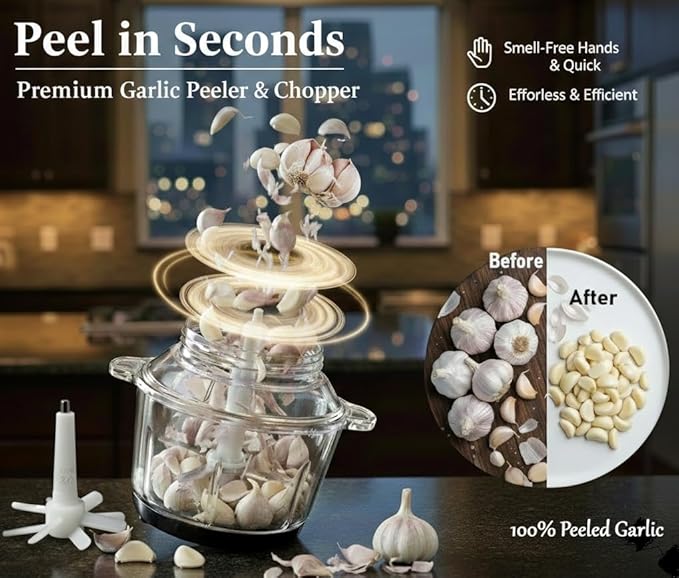 Electric Garlic Peeler & Chopper 300W – Automatic Garlic Peeler Machine with 2L Jar & Dual Blades, Electric Garlic Mincer, Vegetable Chopper & Silicone Garlic Peeler Skin Remover Tool
