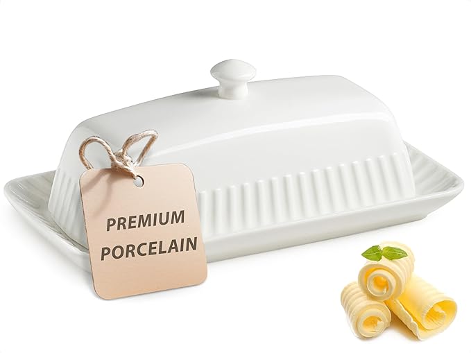Ceramic Butter Dish with Lid, White Butter Holder Container with Porcelain Cover Knob Handle, Butter Dishes for Countertop