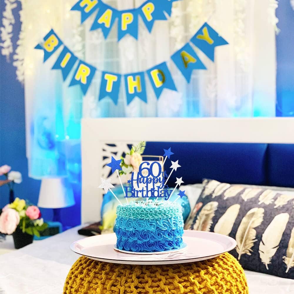 Glittery 60th Happy Birthday Cake Topper with Star,Personalised 60 Birthday Cake Toppers Party Decorations Party Supplies for Men Women Blue