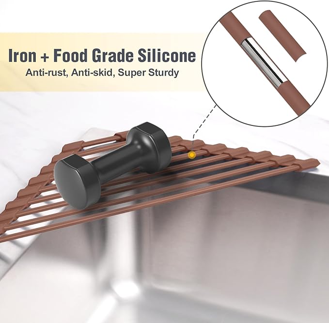 Tomorotec Compact Silicone-Coated Triangle Dish Drying Rack for Sink Corner - Foldable Stainless Steel Over-The-Sink Organizer and Storage Shelf (Coffee)